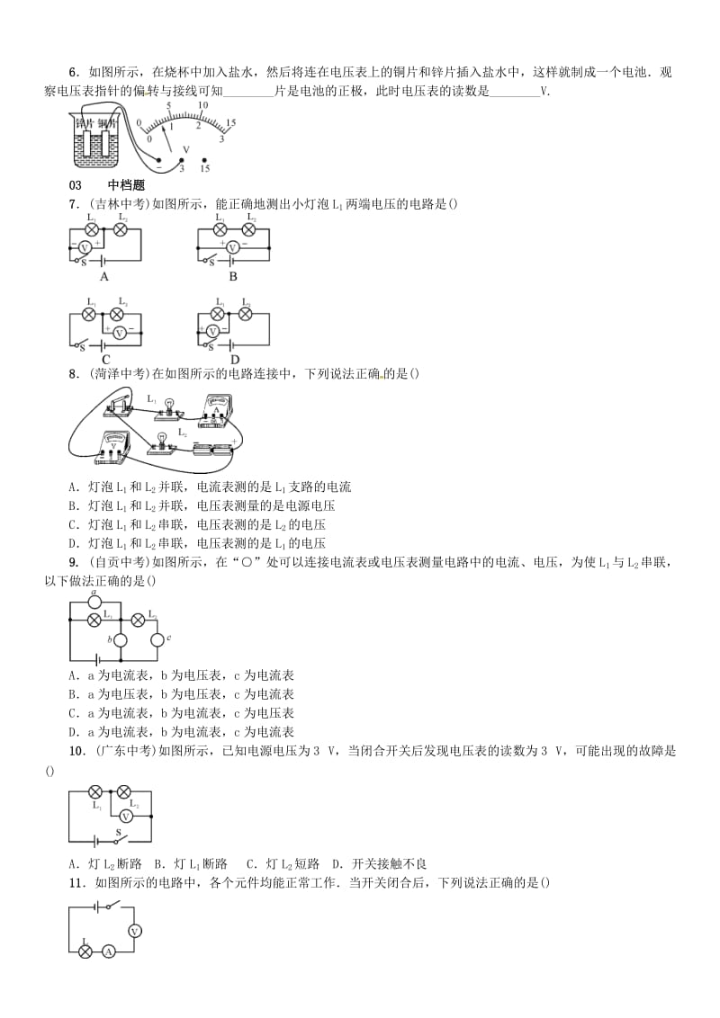 九年级物理全册 第十四章 了解电路 第五节 测量电压练习 （新版）沪科版_第2页