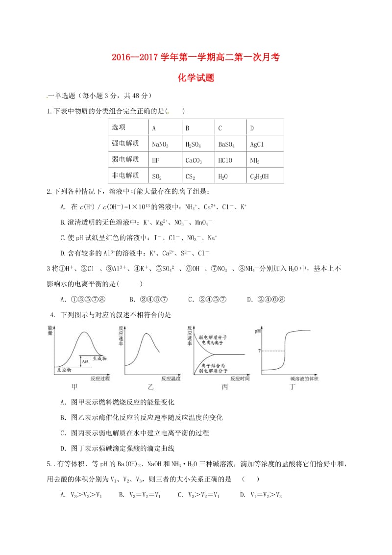 高二化学上学期第一次月考试题(4)_第1页