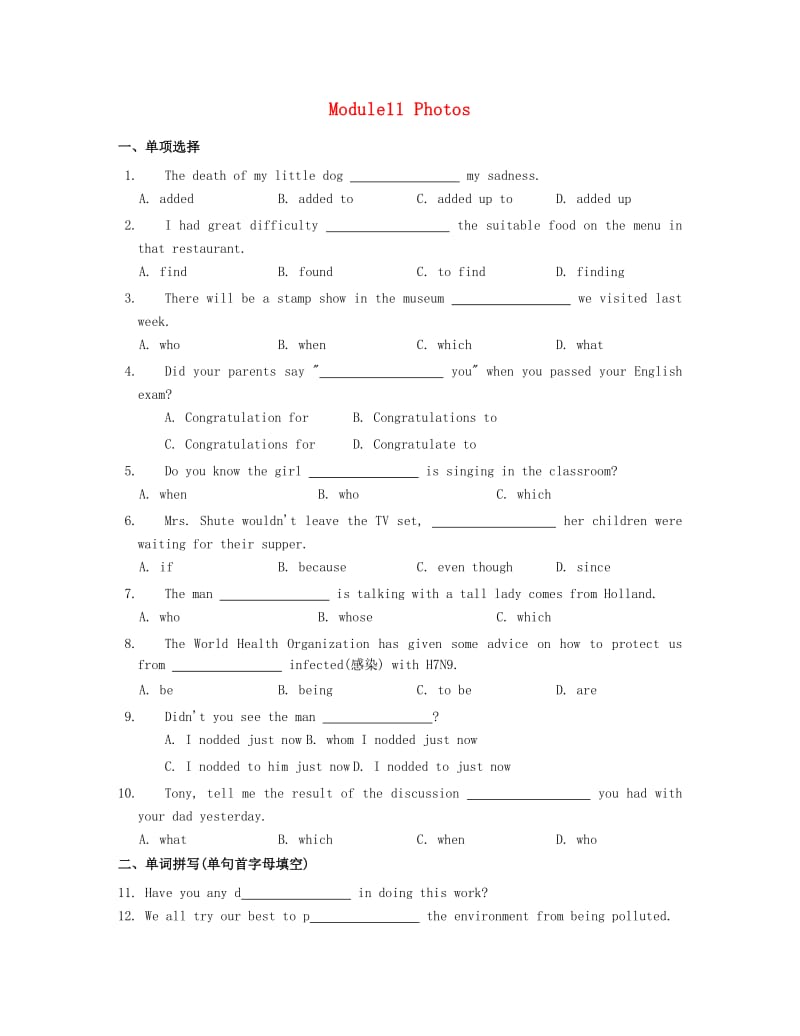 九年级英语上册 Module 11 Photos同步练习 （新版）外研版_第1页