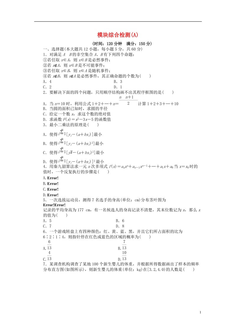 2016-2017学年高中数学模块综合检测A新人教A版必修3_第1页