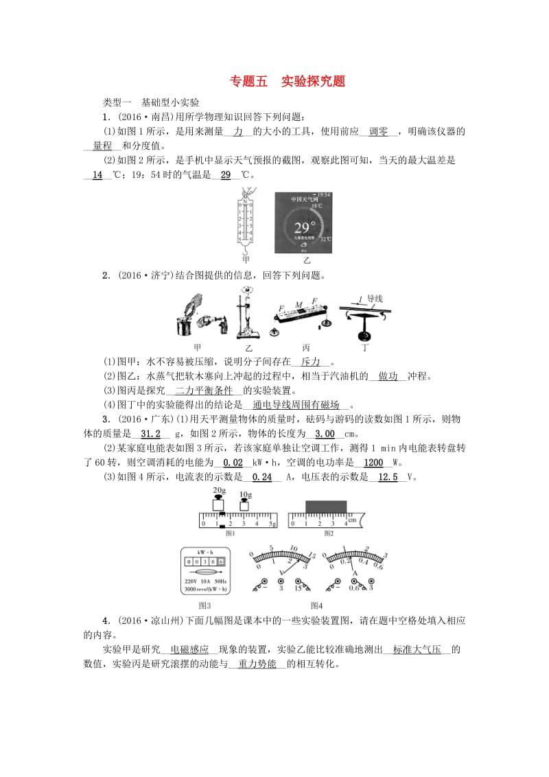 中考物理 第2篇 专题五 实验探究题试题1_第1页