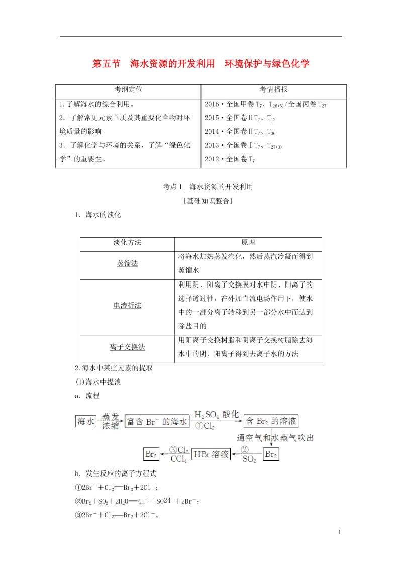 2018版高考化学一轮复习第4章非金属及其化合物第5节海水资源的开发利用环境保护与绿色化学教师用书新人教版_第1页