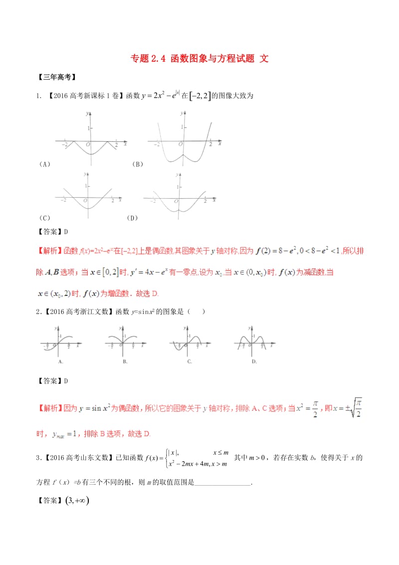 高考数学（精讲+精练+精析）专题2_4 函数图象与方程试题 文（含解析）_第1页