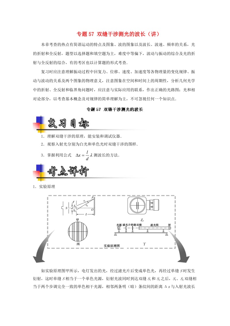 高考物理一轮复习 专题57 双缝干涉测光的波长（讲）（含解析）1_第1页