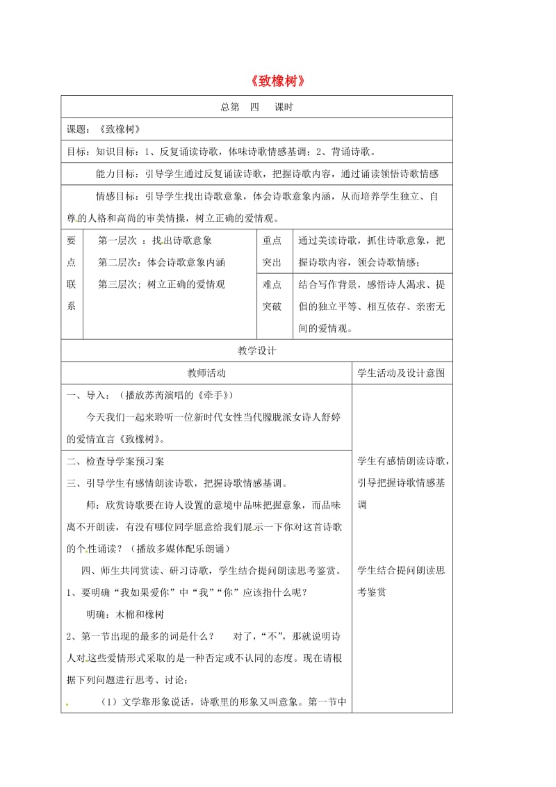 高中语文 第1专题《致橡树》教案 苏教版必修1_第1页