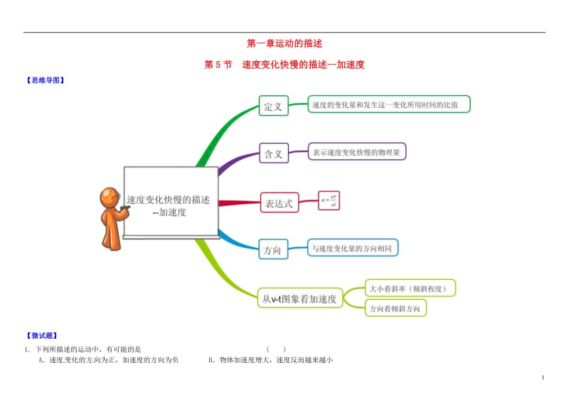 高中物理 1_5 速度变化快慢的描述—加速度思维导图+微试题 新人教版必修1_第1页