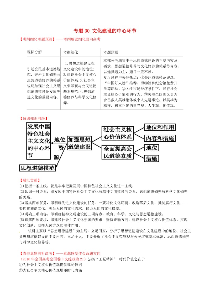 高考政治一轮复习 专题30 文化建设的中心环节（讲）（含解析）新人教版必修3_第1页