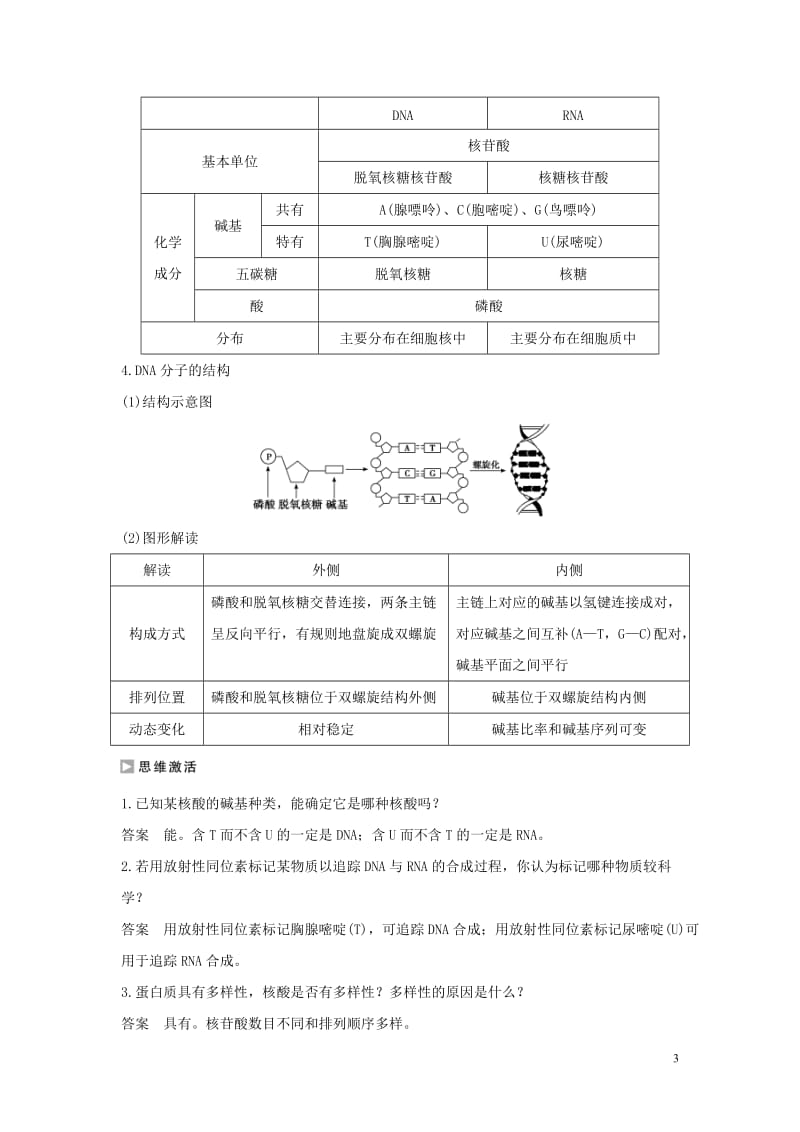 2016-2017学年高中生物第二章细胞的化学组成第二节细胞中的生物大分子第3课时核酸的结构和功能练习苏教版必修1_第3页