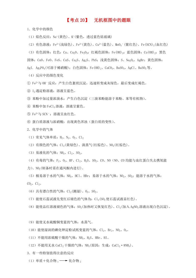 高考化学二轮专题复习30个考点 第三版块 元素单质和化合物 专题十一 无机综合和推断 考点20 无机框图中的题眼（含解析）1_第1页