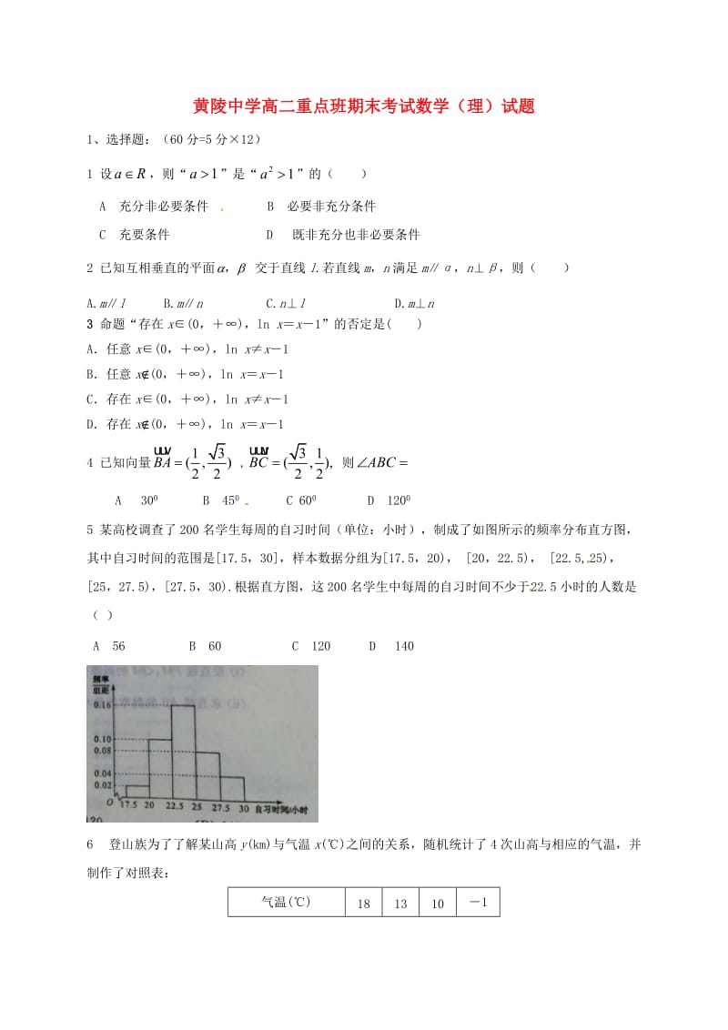 高二数学上学期期末考试试题 理（重点班）_第1页