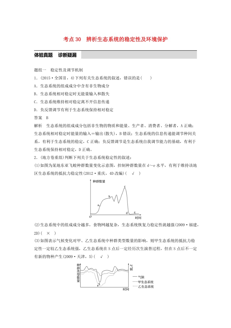 高考生物考前3个月专题复习 专题9 生物与环境 考点30 辨析生态系统的稳定性及环境保护_第1页