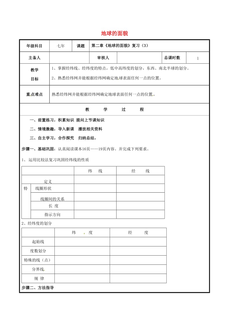 七年级地理上册 第二章 地球的面貌复习学案（3）湘教版_第1页