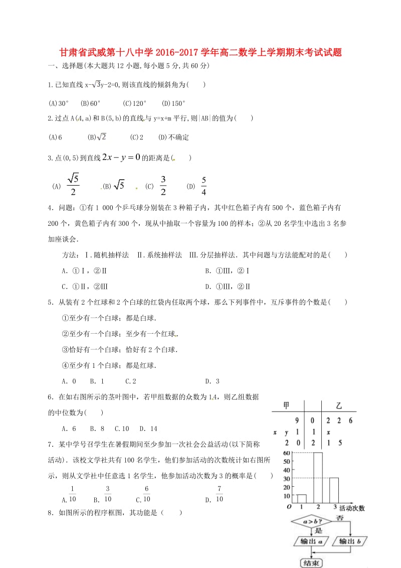高二数学上学期期末考试试题4_第1页