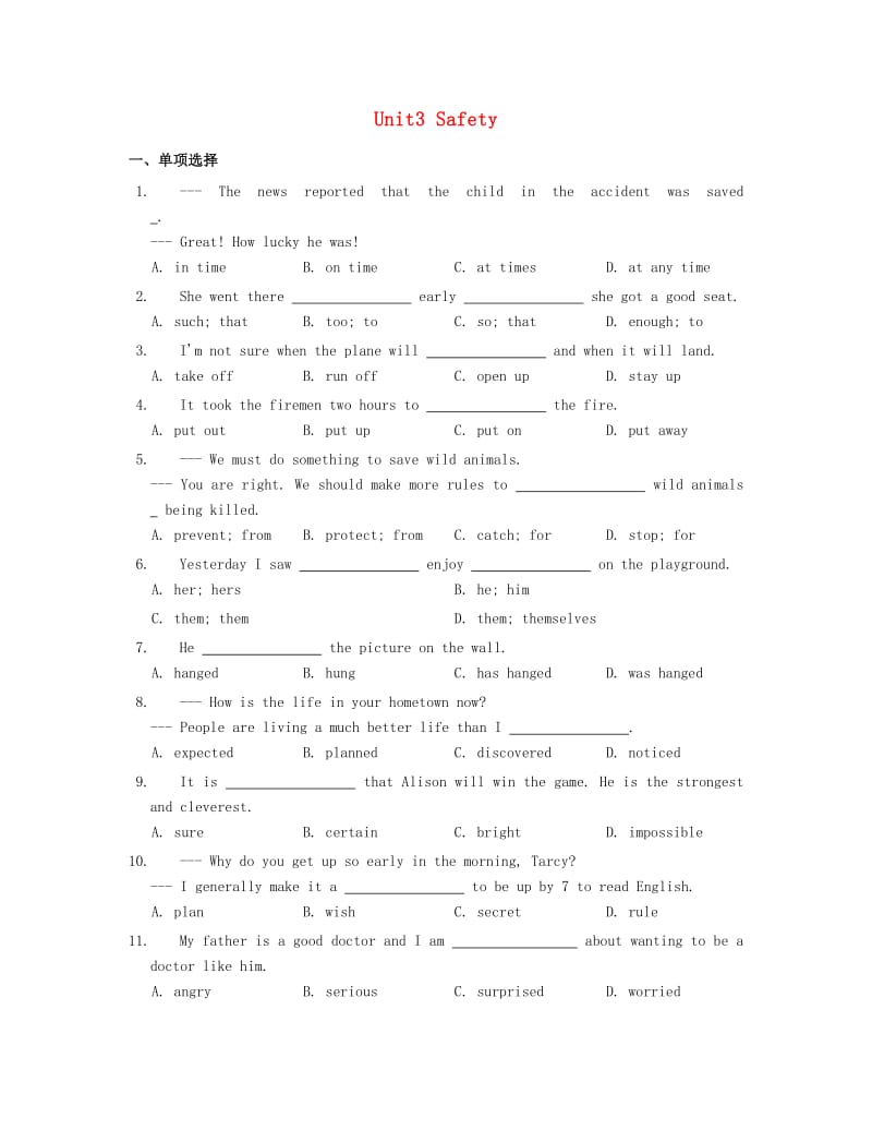 九年级英语全册 Unit 3 Safety同步练习 （新版）冀教版_第1页