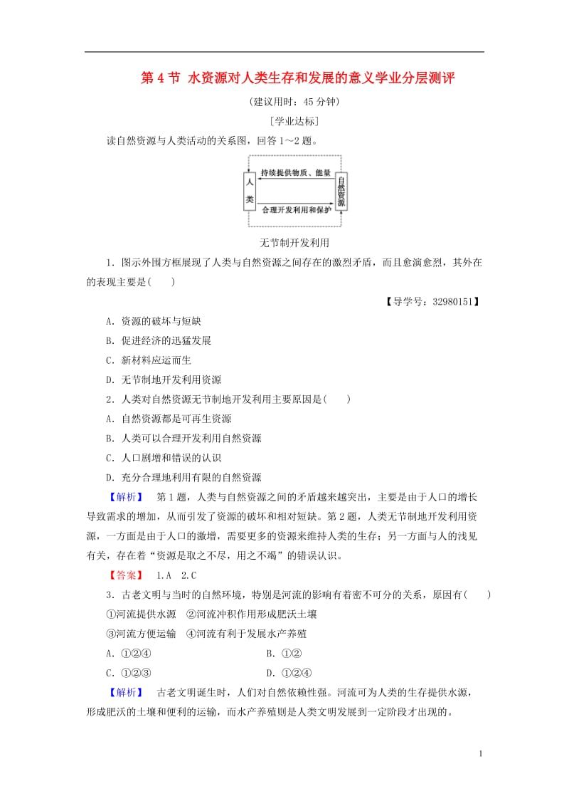 2016-2017学年高中地理第四章自然环境对人类活动的影响第4节水资源对人类生存和发展的意义学业分层测评中图版必修1_第1页