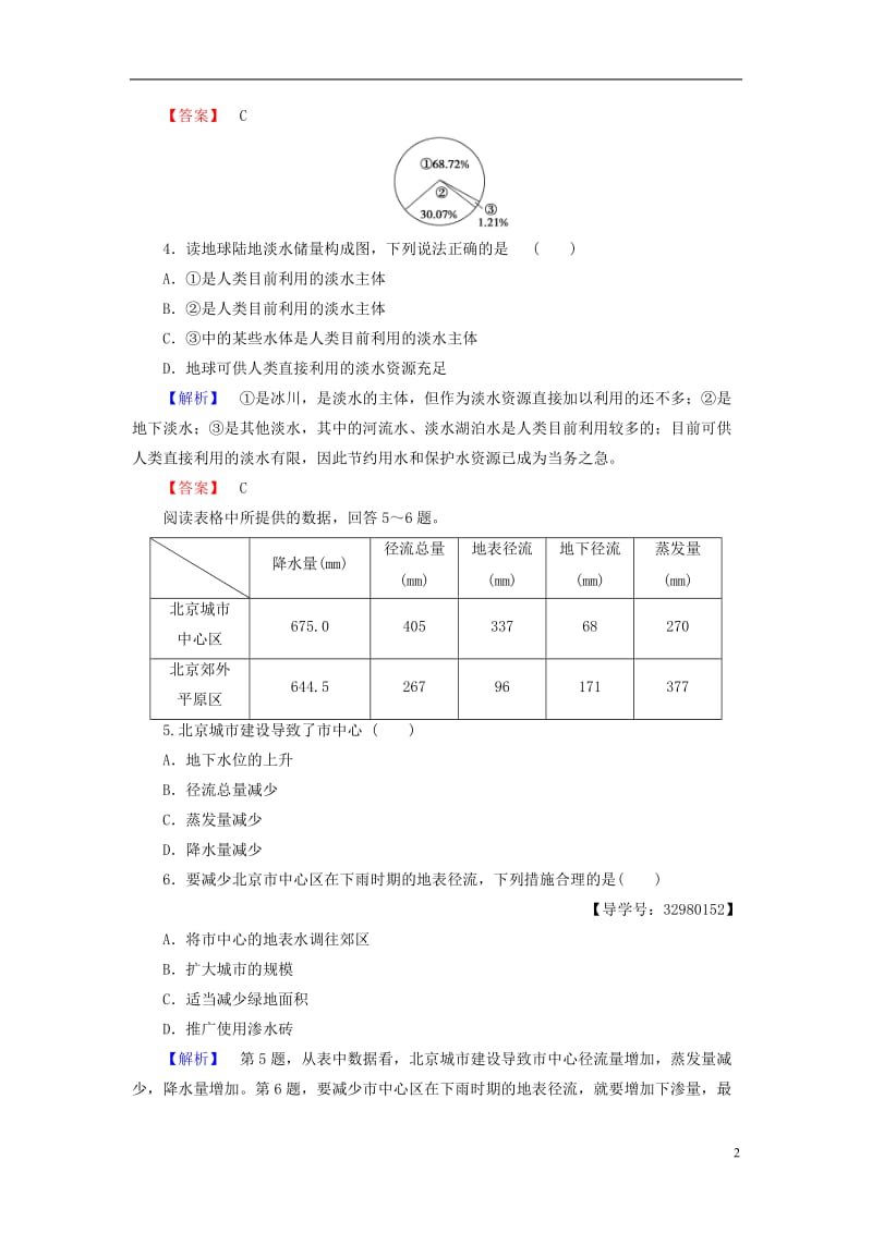 2016-2017学年高中地理第四章自然环境对人类活动的影响第4节水资源对人类生存和发展的意义学业分层测评中图版必修1_第2页