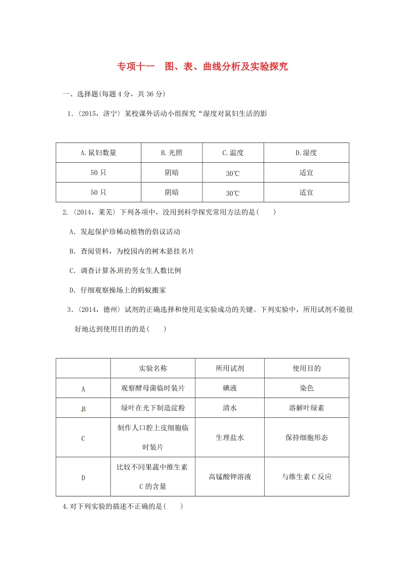 中考生物第一轮复习 专项十一 图、表、曲线分析及实验探究训练_第1页