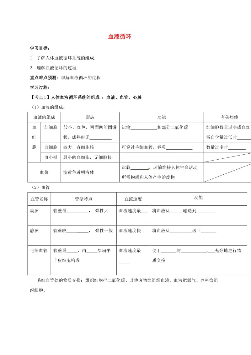 中考生物专题复习 第2讲 血液循环学案_第1页