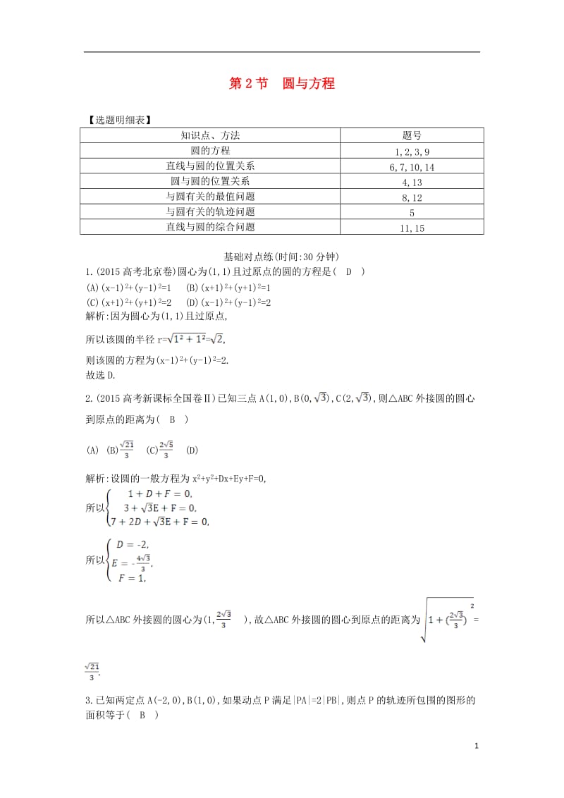 2017届高三数学一轮复习第九篇平面解析几何第2节圆与方程课时训练理_第1页