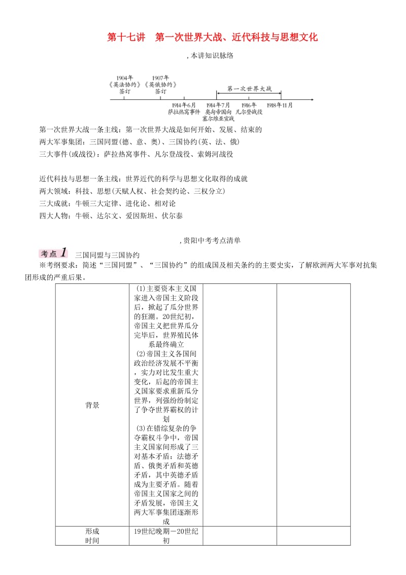 中考历史总复习 第一编 教材知识速查篇 第十七单元 第一次世界大战、近代科技与思想文化精讲_第1页