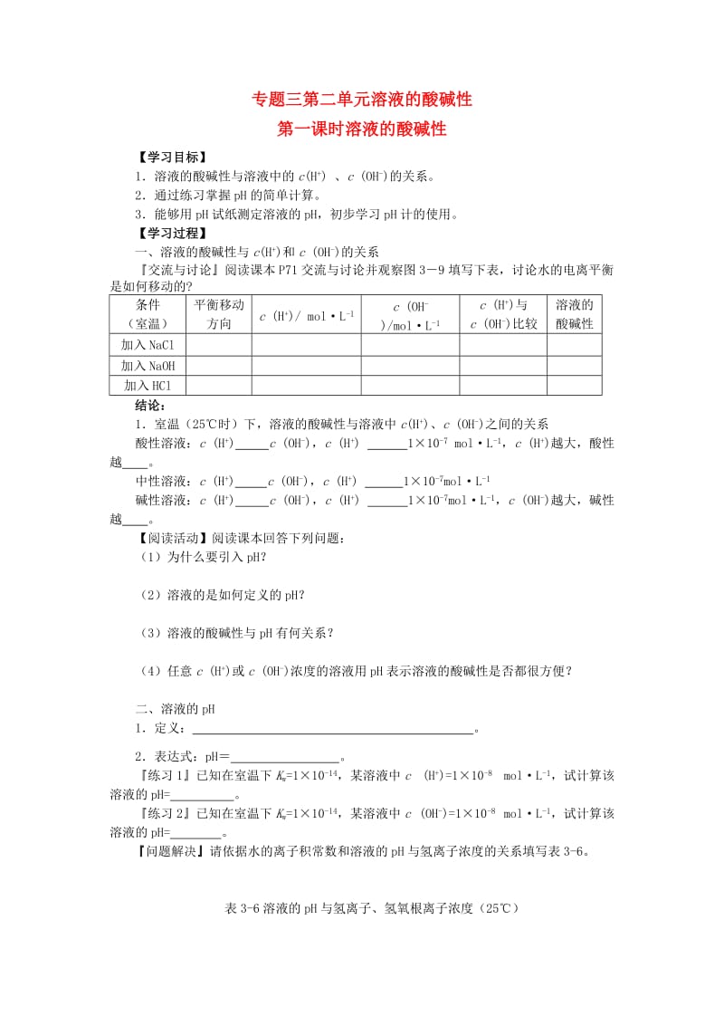 高中化学 专题3 第2单元 第1课时 溶液的酸碱性学案苏教版选修4_第1页