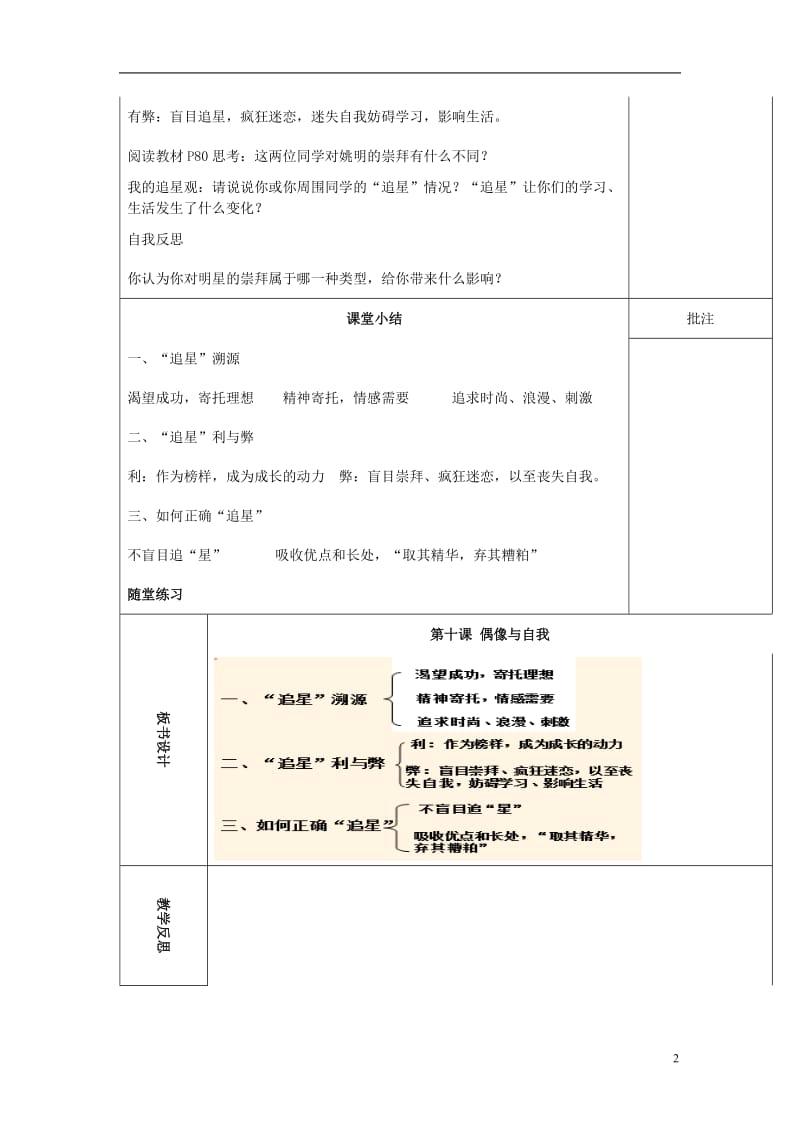 2016年秋季版七年级道德与法治下册第四单元走自己的路第十课偶像与自我第1课时教案教科版_第2页