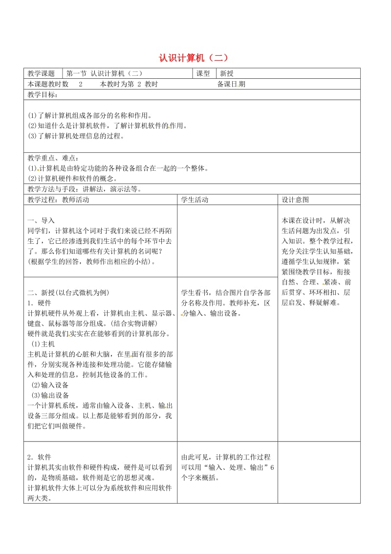 八年级信息技术上册 第2章 管理计算机（第21课时 认识计算机）教案 苏教版_第1页