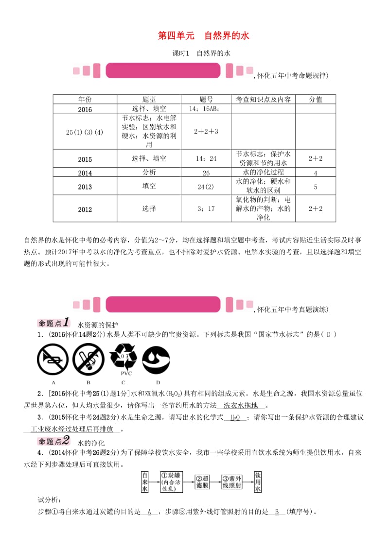 中考化学命题研究 第一编 教材知识梳理篇 第四单元 自然界的水 课时1 自然界的水（精讲）试题_第1页