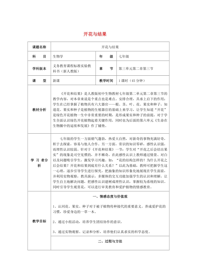 中考生物复习 第四单元 第一节 绿色开花植物的一生 开花与结果教学设计_第1页