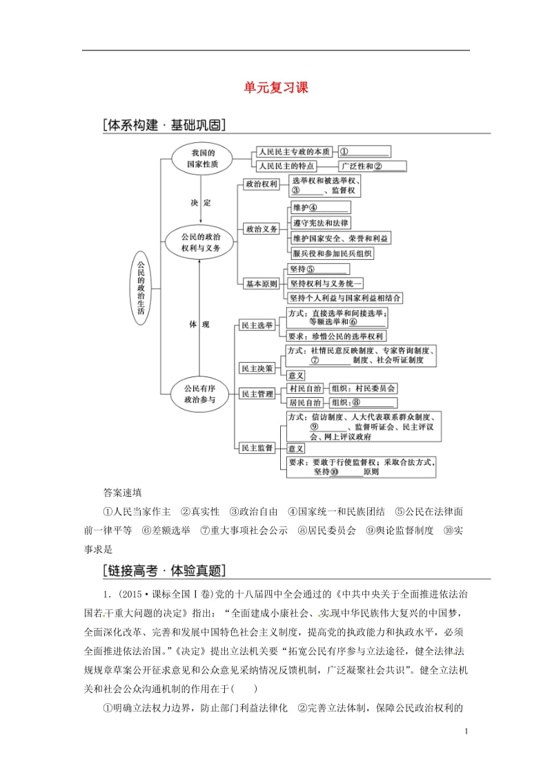 2017春高中政治第一单元公民的政治生活单元复习课练习新人教版必修2_第1页