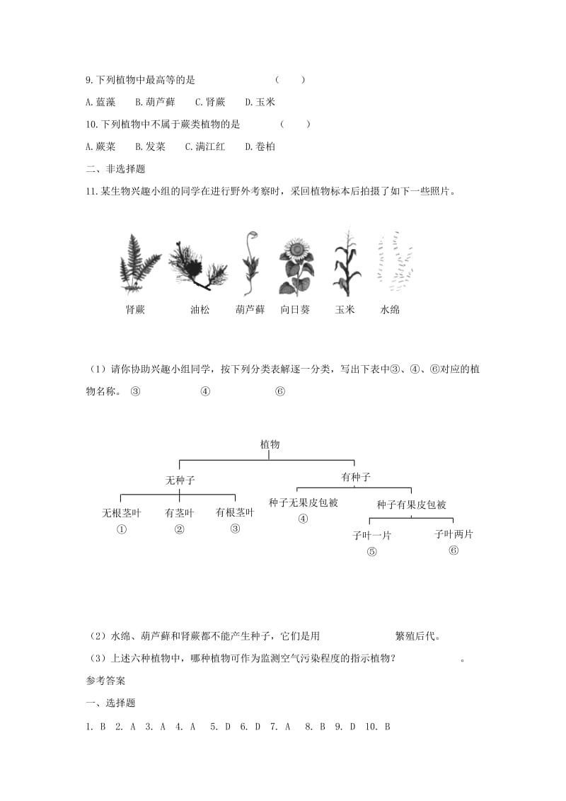 七年级生物上册 第三单元 第一章 第一节 藻类、苔藓和蕨类植物练习 新人教版_第2页