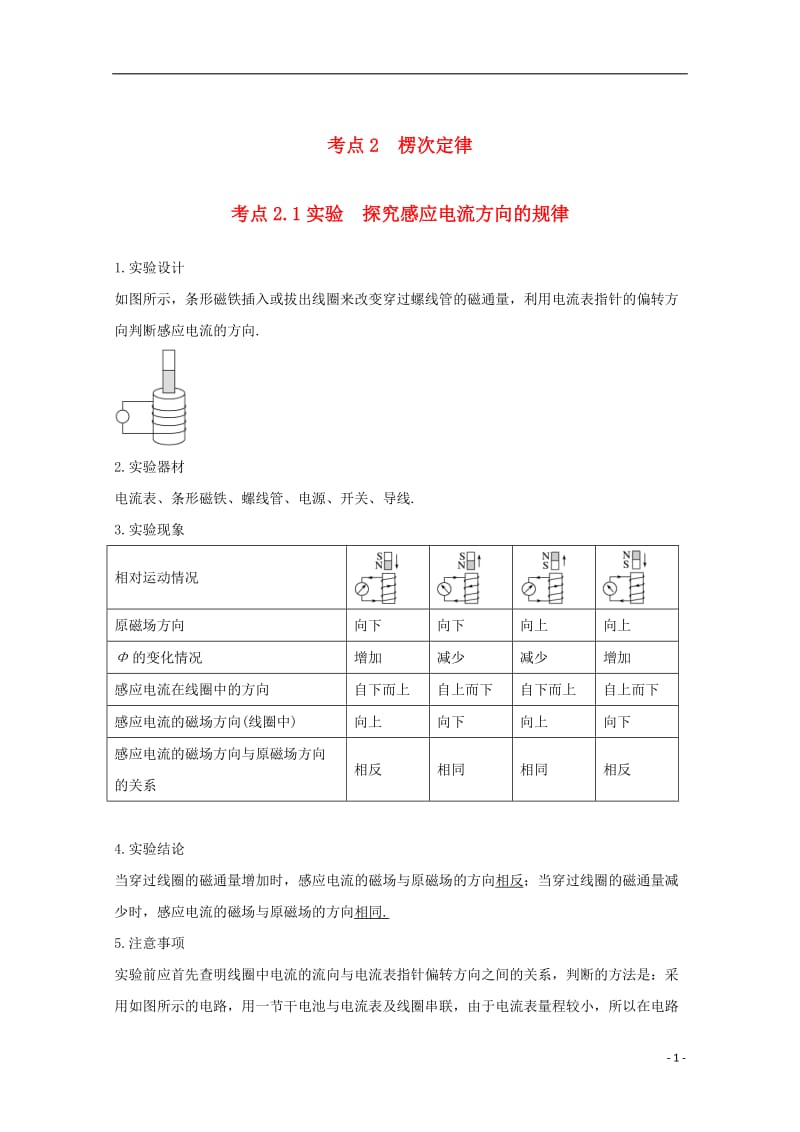 高中物理 模块十 电磁感应 考点2_1 实验 探究感应电流方向的规律试题1_第1页