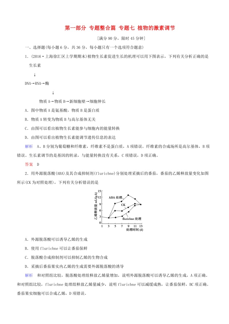 高考生物二轮复习 专题辅导与训练 第一部分 专题整合篇 专题七 植物的激素调节_第1页