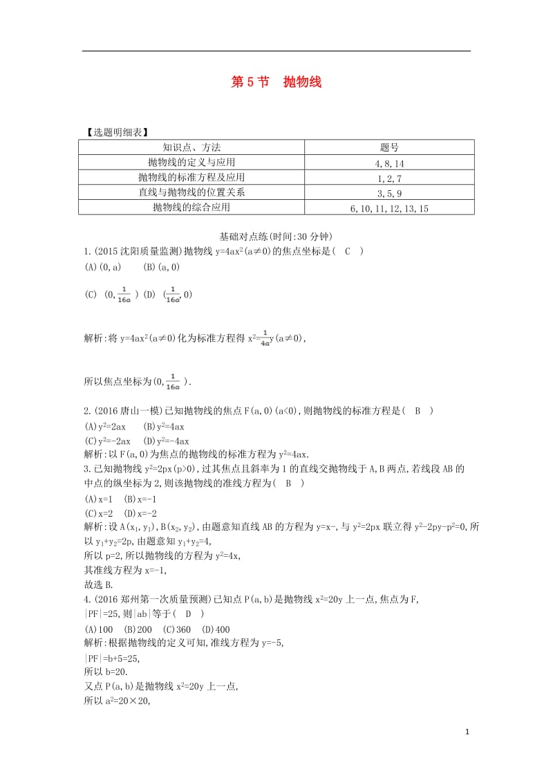 2017届高三数学一轮复习第九篇平面解析几何第5节抛物线课时训练理_第1页