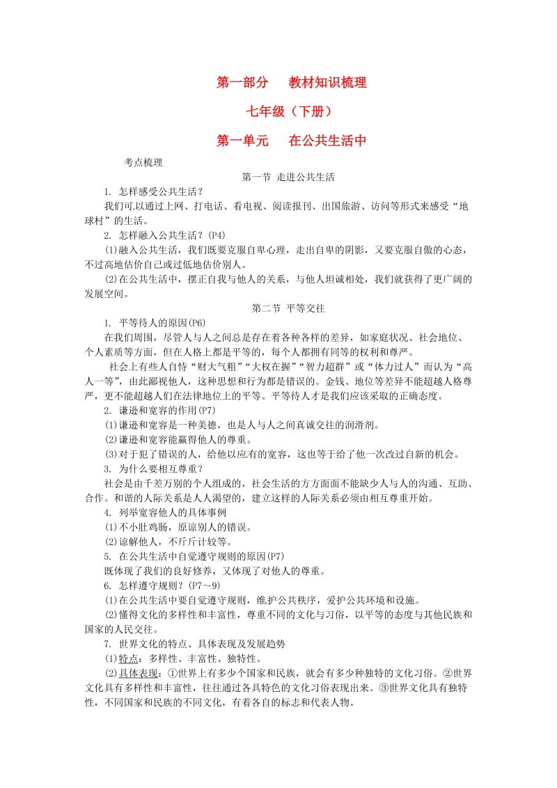 中考政治 第一部分 教材知识梳理（七下）第一单元 在公共生活中 湘教版_第1页