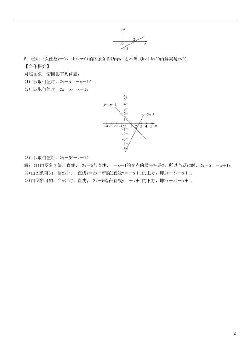 2017年春八年级数学下册19.2.3第1课时一次函数与一元一次方程不等式学案新版新人教版_第2页