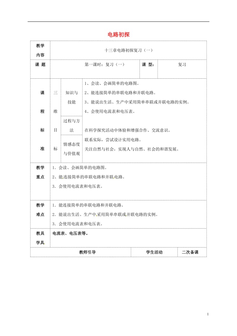 九年级物理上册 13 电路初探复习教案1 苏科版_第1页