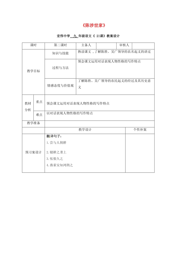 九年级语文上册 21《陈涉世家》教学设计2 （新版）新人教版_第1页