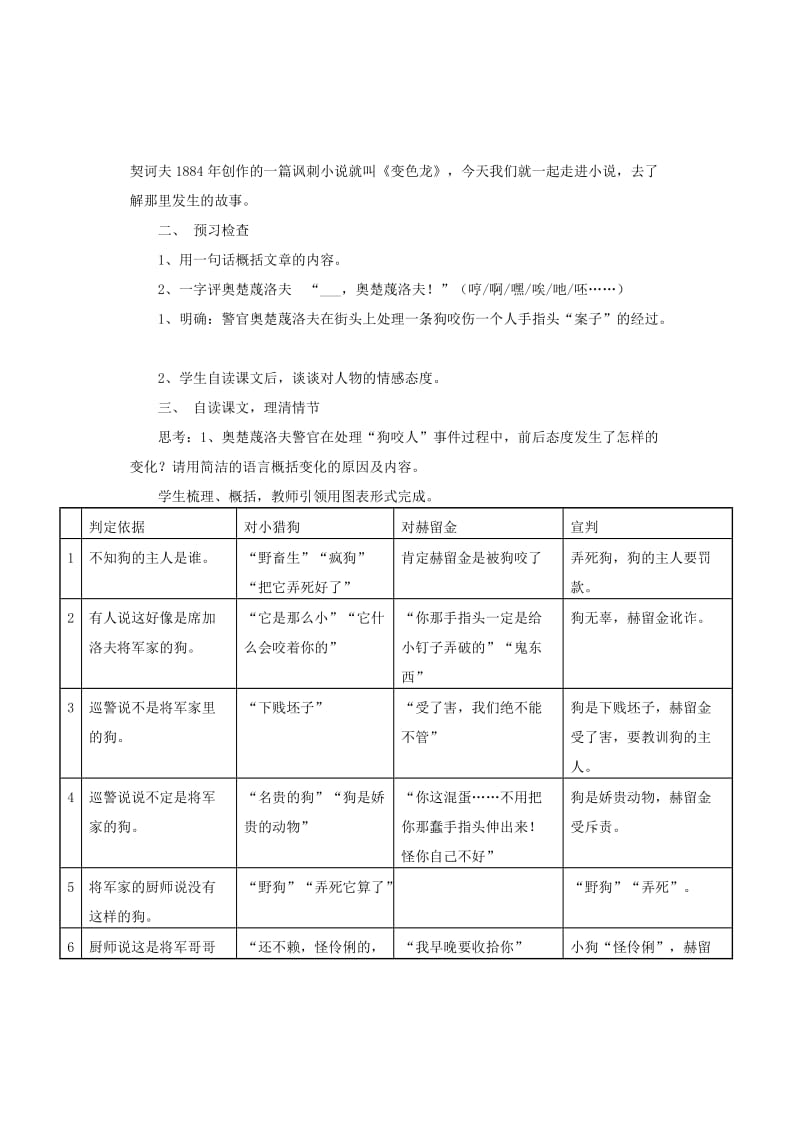 九年级语文上册 第5单元 第19课《变色龙》教学设计 北京课改版_第2页