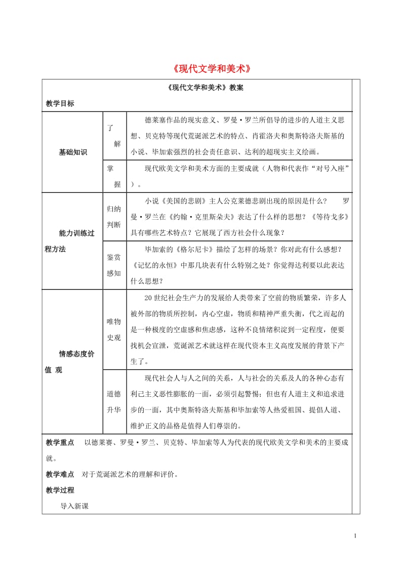 2016-2017九年级历史下册第18课现代文学和美术教案1新人教版_第1页