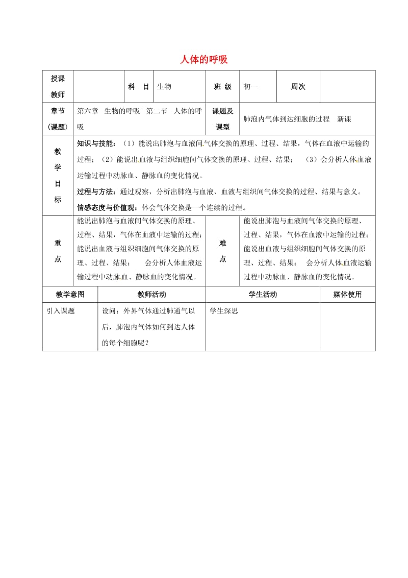 七年级生物下册 6.2 人体的呼吸教案 北京课改版_第1页