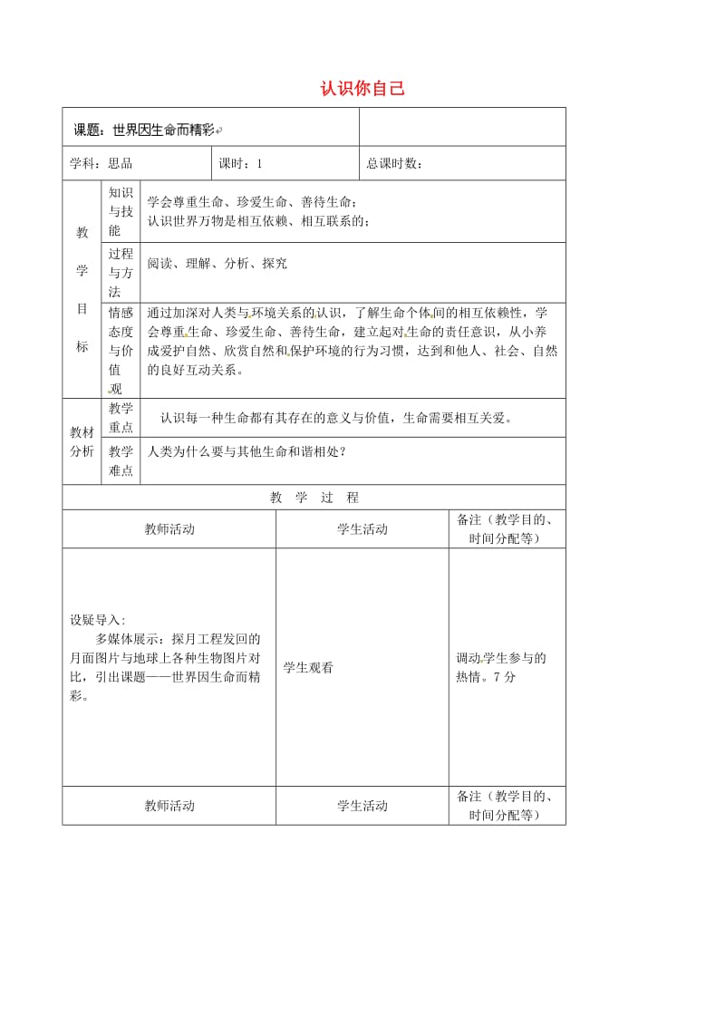 七年级政治上册 第2单元 第3课 第2框 认识你自己教案1 北师大版（道德与法治）_第1页