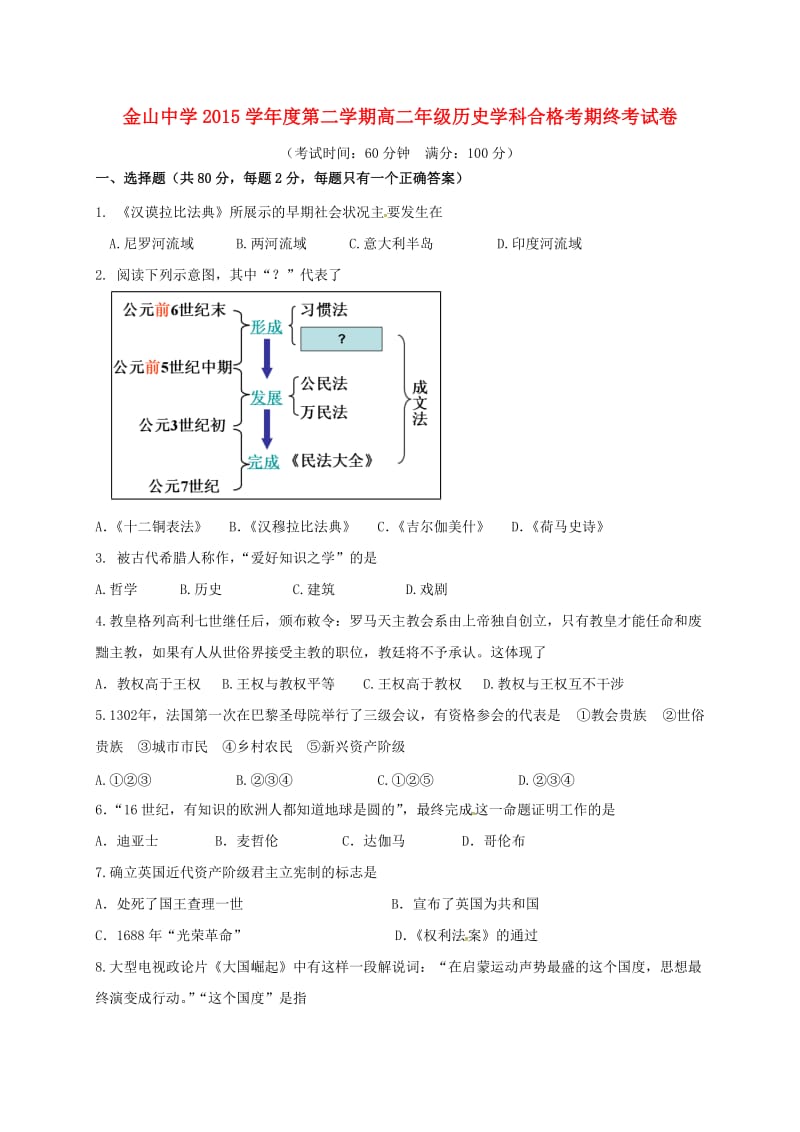 高二历史下学期期末考试试题（合格考）_第1页