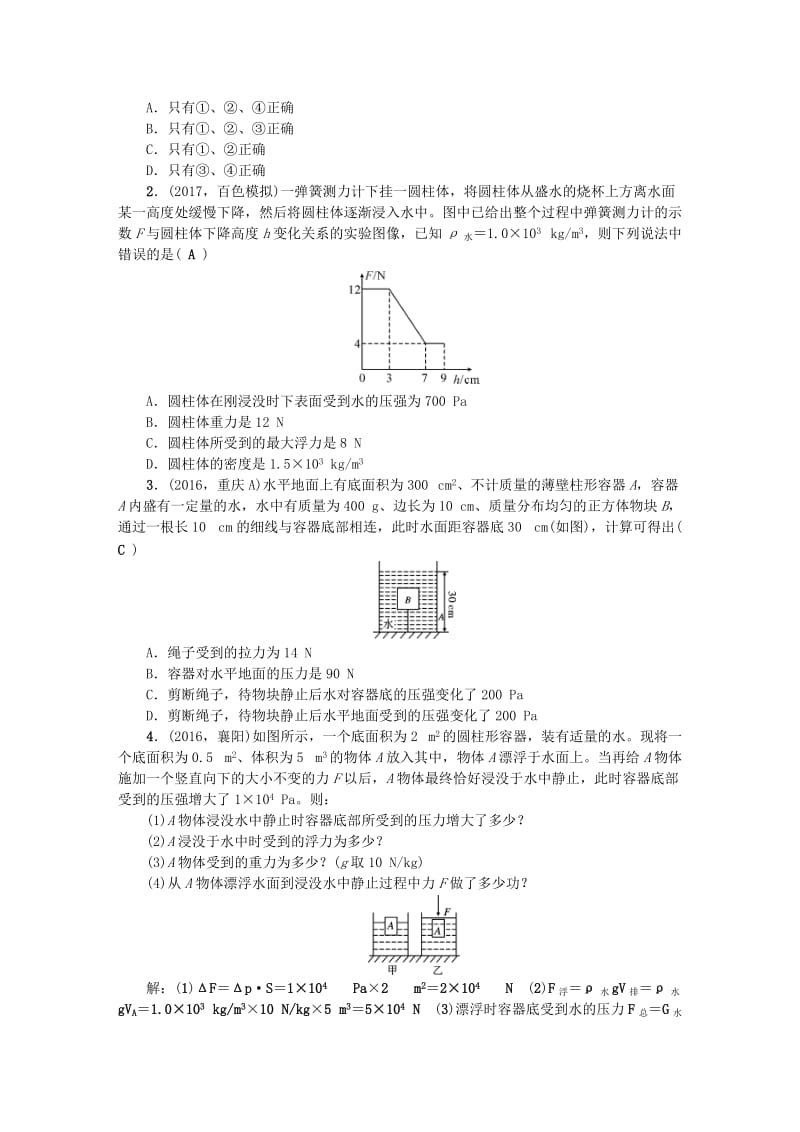 中考物理总复习 技能训练二 压强、浮力的综合计算检测1_第2页