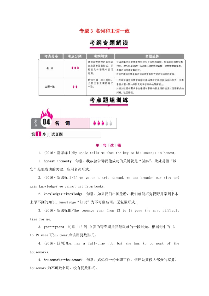 高考英语二轮复习 考点题组训练 专题3 名词和主谓一致1_第1页