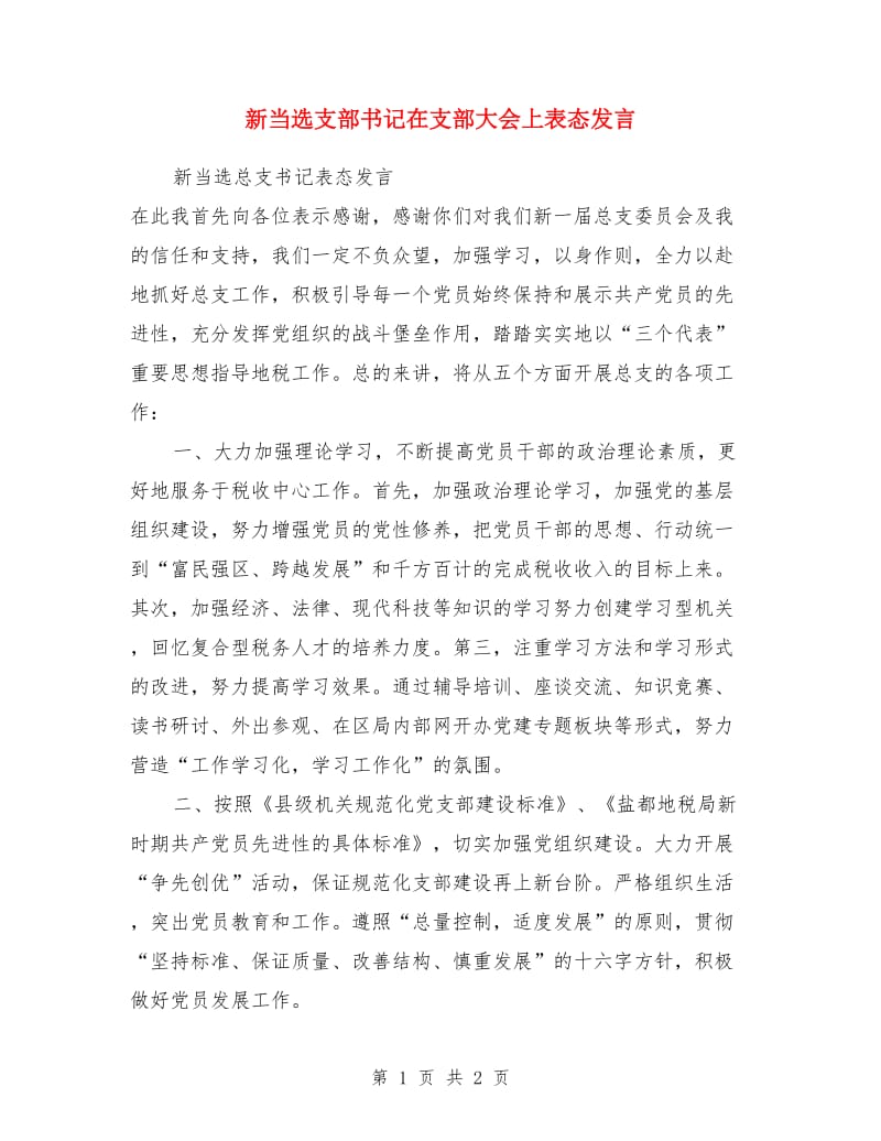 新当选支部书记在支部大会上表态发言_第1页