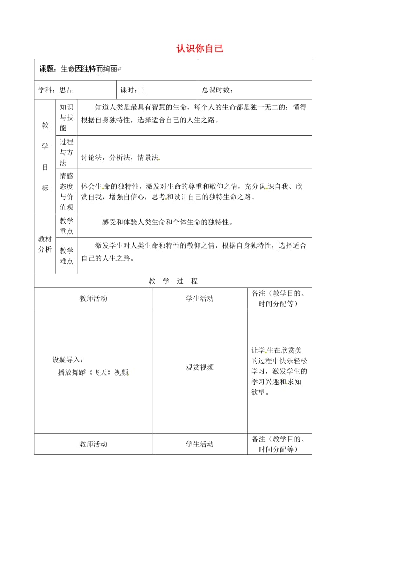 七年级政治上册 第2单元 第3课 第2框 认识你自己教案2 北师大版（道德与法治）_第1页