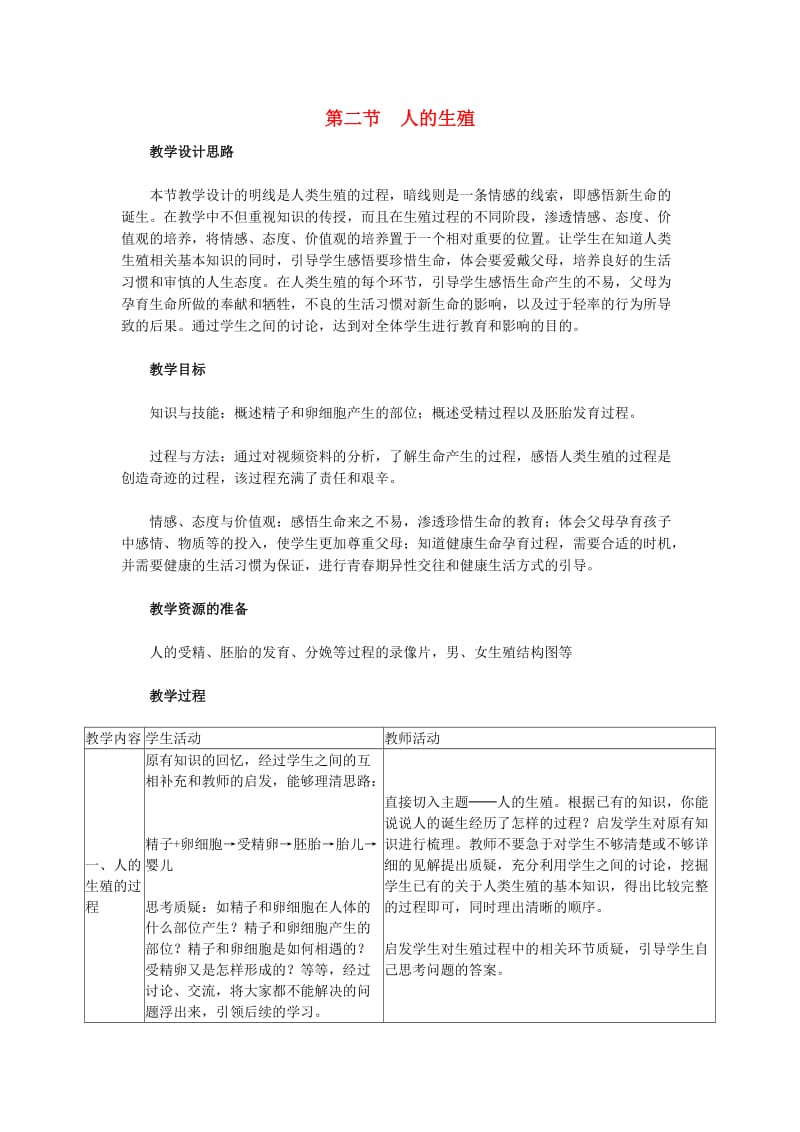 七年级生物下册 1_2 人的生殖教案 （新版）新人教版_第1页