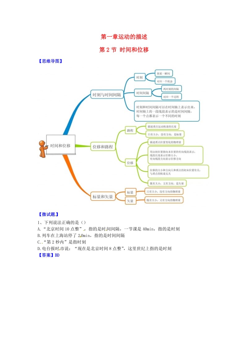 高中物理 1_2 时间和位移思维导图+微试题 新人教版必修1_第1页