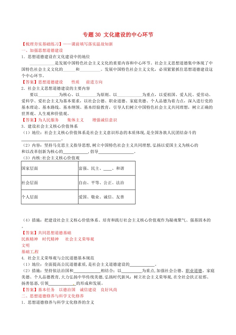 高考政治一轮复习 专题30 文化建设的中心环节（练）（含解析）新人教版必修3_第1页